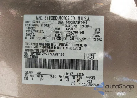 2002 Ford F-150 Xl/Xlt из США, поврежденный, VIN 1FTRX17272NA99454